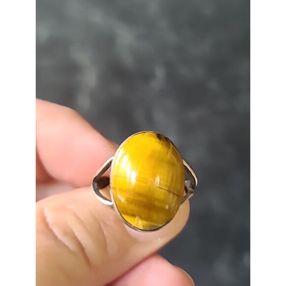 925 Sterling Silver Tiger's Eye Oval Ring Vintage, SIZE US 7.5, READ Description - Picture 3 of 10
